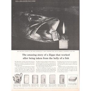1960 Zippo Cigarette Lighter Vintage Print Ad Northern Pike Fish Photo Wall Art